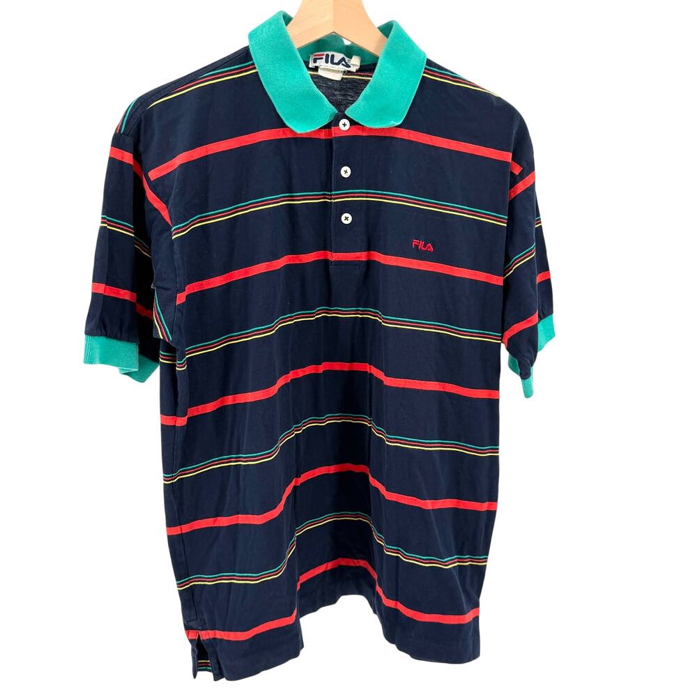Vintage 80s Fila Navy Blue Teal Striped Cotton Polo Shirt